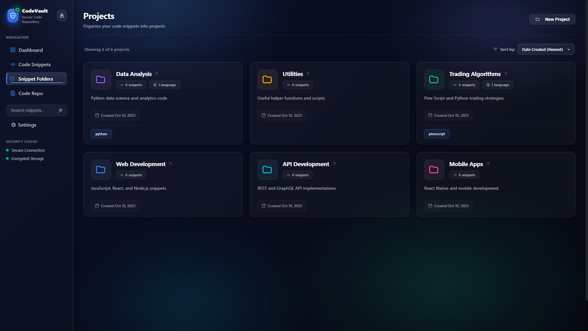 Snippets folder — hierarchical list view